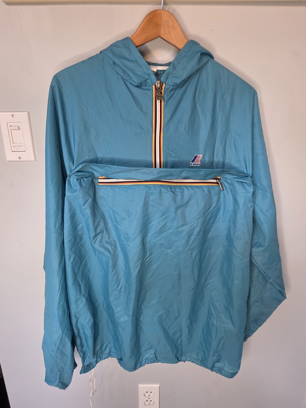 Vintage K-Way Packable Anorak Half Zip Hooded Windbreaker Rain Jacket Aqua 6